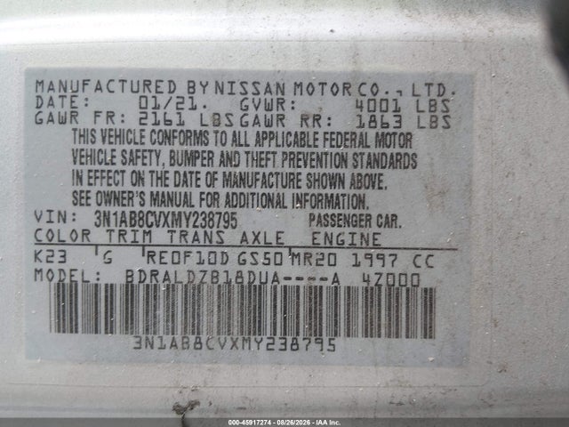 2021 Nissan Sentra Sv Xtronic Cvt მანქანა იყიდება აუქციონზე, vin: 3N1AB8CVXMY238795, აუქციონის ნომერი: 45917274