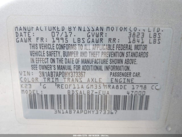 2017 Nissan Sentra S მანქანა იყიდება აუქციონზე, vin: 3N1AB7AP0HY373367, აუქციონის ნომერი: 45917279