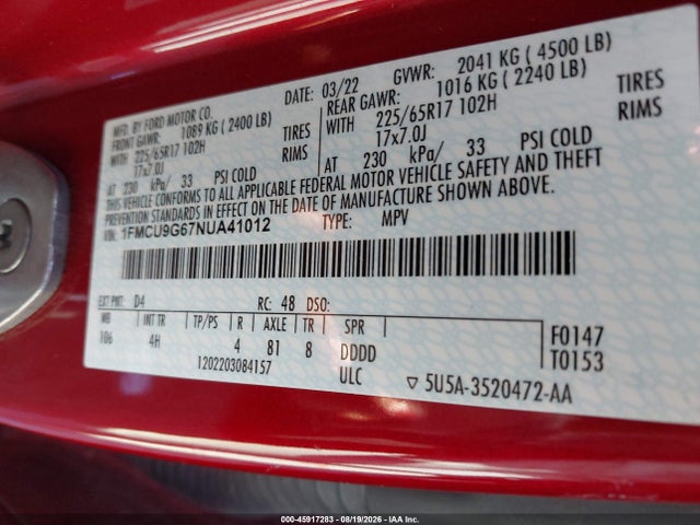 45917283 :رقم المزاد ، 1FMCU9G67NUA41012 vin ، 2022 Ford Escape Se مزاد بيع