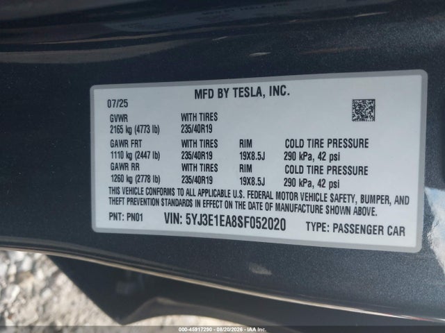 5YJ3E1EA8SF052020 Tesla Model 3 Long Range Rear-wheel Drive/standard Rear-wheel Drive
