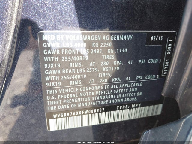 2015 Volkswagen Tiguan R-line მანქანა იყიდება აუქციონზე, vin: WVGBV7AX0FW088807, აუქციონის ნომერი: 45917296