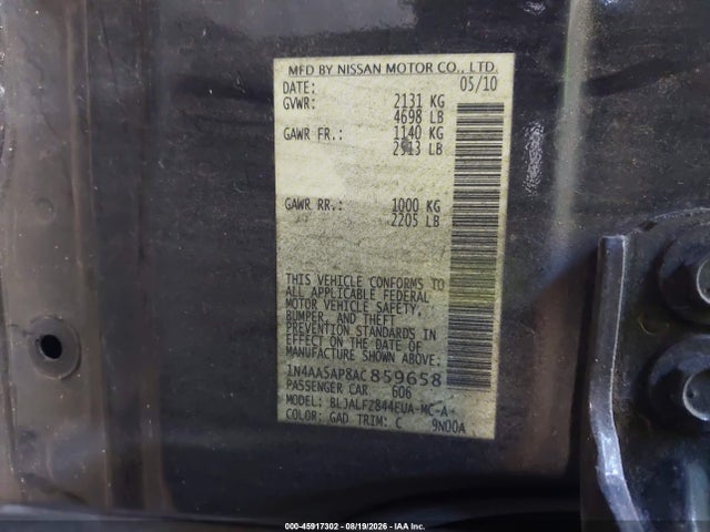 2010 Nissan Maxima 3.5 Sv მანქანა იყიდება აუქციონზე, vin: 1N4AA5AP8AC859658, აუქციონის ნომერი: 45917302
