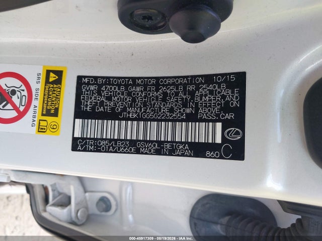 45917309 :رقم المزاد ، JTHBK1GG5G2232554 vin ، 2016 Lexus Es 350 مزاد بيع