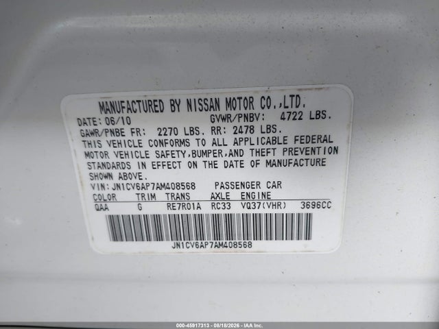 2010 Infiniti G37 მანქანა იყიდება აუქციონზე, vin: JN1CV6AP7AM408568, აუქციონის ნომერი: 45917313