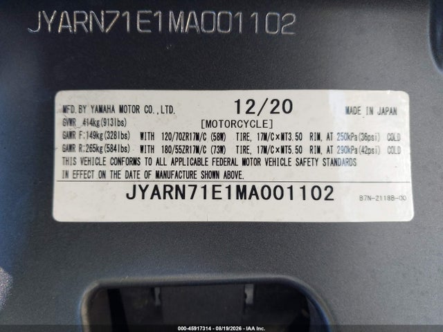 45917314 :رقم المزاد ، JYARN71E1MA001102 vin ، 2021 Yamaha Mt09 مزاد بيع