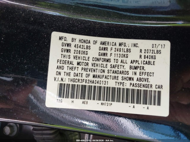 Aukcja sprzedaży 2017 Honda Accord Touring V6, vin: 1HGCR3F92HA040131, numer aukcji: 45917315