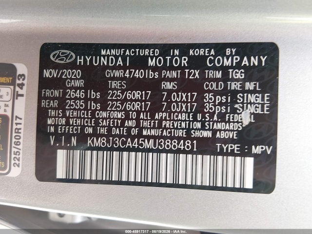 45917317 :رقم المزاد ، KM8J3CA45MU388481 vin ، 2021 Hyundai Tucson Value مزاد بيع