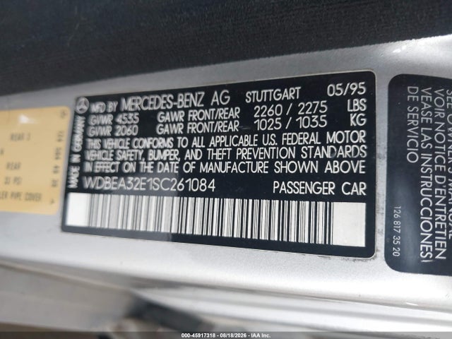 Aukcja sprzedaży 1995 Mercedes-benz E 320 Base/320 Special, vin: WDBEA32E1SC261084, numer aukcji: 45917318