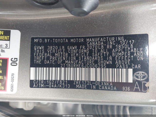 Aukcja sprzedaży 2018 Toyota Corolla Le, vin: 2T1BURHE6JC006295, numer aukcji: 45917319
