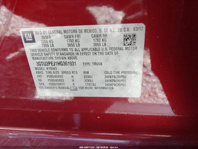 Aukcja sprzedaży 2017 Gmc Sierra 1500 Denali, vin: 3GTU2PEJ1HG361931, numer aukcji: 45917325