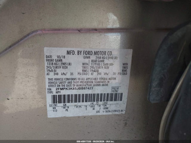 Продаж на аукціоні авто 2018 Ford Edge Titanium, vin: 2FMPK3K85JBB87423, номер лоту: 45917338