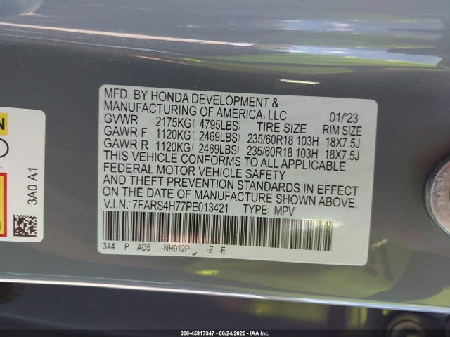 2023 Honda Cr-v Ex-l Awd მანქანა იყიდება აუქციონზე, vin: 7FARS4H77PE013421, აუქციონის ნომერი: 45917347