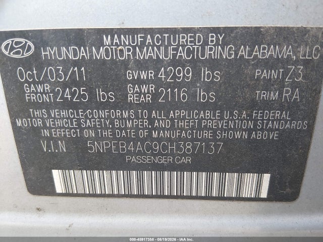Продажа на аукционе авто 2012 Hyundai Sonata Gls, vin: 5NPEB4AC9CH387137, номер лота: 45917358