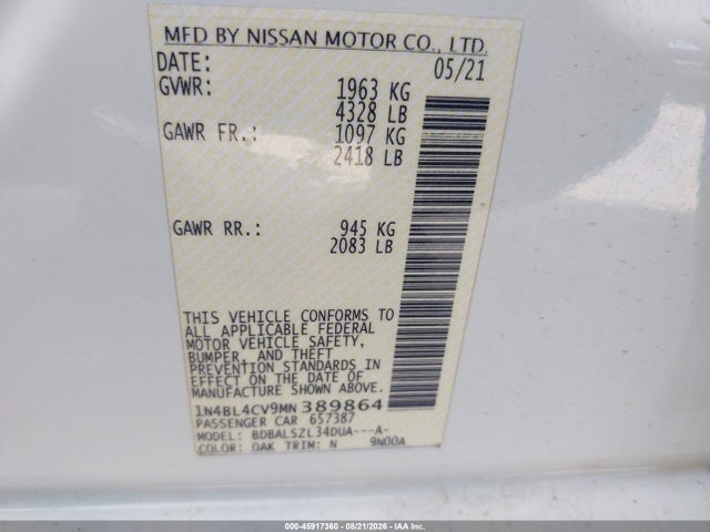 45917360 :رقم المزاد ، 1N4BL4CV9MN389864 vin ، 2021 Nissan Altima Sr Fwd مزاد بيع