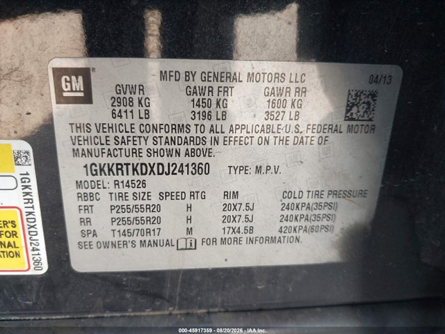 Aukcja sprzedaży 2013 Gmc Acadia Denali, vin: 1GKKRTKDXDJ241360, numer aukcji: 45917359