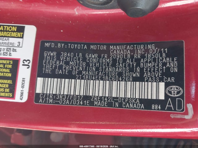 Aukcja sprzedaży 2011 Toyota Corolla S, vin: 2T1BU4EE1BC604268, numer aukcji: 45917365