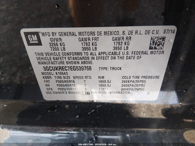 Aukcja sprzedaży 2014 Chevrolet Silverado 1500 Lt, vin: 3GCUKREC7EG539768, numer aukcji: 45917394