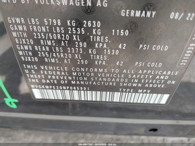 Aukcja sprzedaży 2022 Volkswagen Id.4 Pro S, vin: WVGKMPE20NP065991, numer aukcji: 45917397