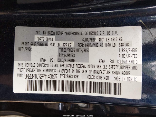 45917398 :رقم المزاد ، 3MZBM1U72FM149197 vin ، 2015 Mazda Mazda3 I Sport مزاد بيع