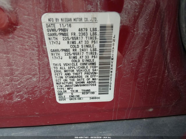 Продаж на аукціоні авто 2017 Nissan Rogue Sv, vin: JN8AT2MV8HW007059, номер лоту: 45917401