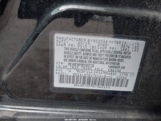 Aukcja sprzedaży 2019 Nissan Sentra Sv, vin: 3N1AB7AP9KY362133, numer aukcji: 45917403