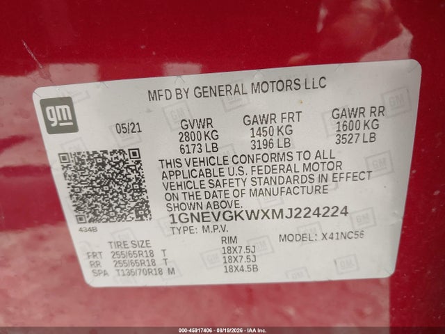 Aukcja sprzedaży 2021 Chevrolet Traverse Awd Lt Cloth, vin: 1GNEVGKWXMJ224224, numer aukcji: 45917406