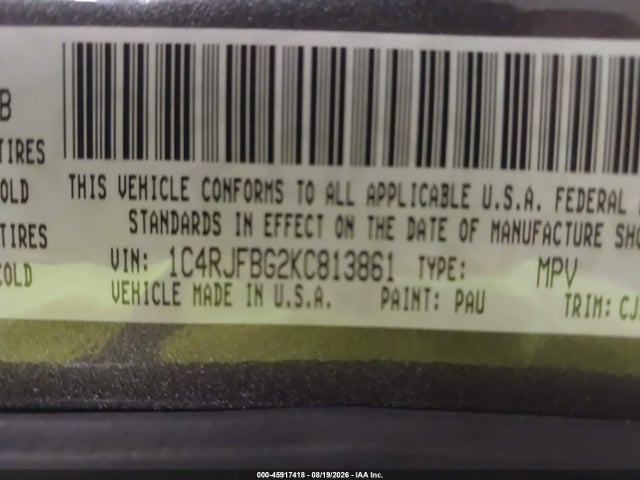 2019 Jeep Grand Cherokee Limited 4x4 მანქანა იყიდება აუქციონზე, vin: 1C4RJFBG2KC813861, აუქციონის ნომერი: 45917418