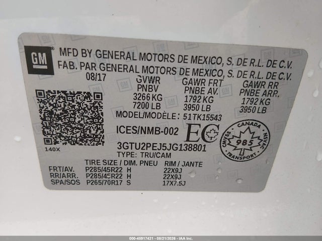 45917421 :رقم المزاد ، 3GTU2PEJ5JG138801 vin ، 2018 Gmc Sierra 1500 Denali مزاد بيع