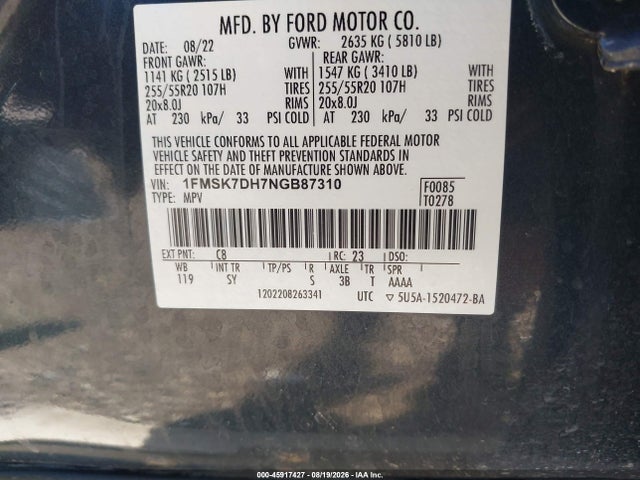 Aukcja sprzedaży 2022 Ford Explorer Xlt, vin: 1FMSK7DH7NGB87310, numer aukcji: 45917427