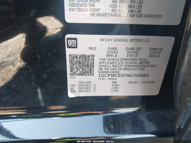 Продажа на аукционе авто 2021 Chevrolet Silverado 1500 2wd  Short Bed Lt, vin: 1GCPWCED7MZ326583, номер лота: 45917429