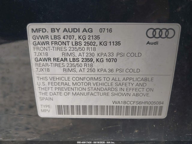 Продажа на аукционе авто 2017 Audi Q3 2.0t Premium, vin: WA1BCCFS6HR005084, номер лота: 45917430