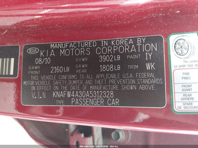 2010 Kia Forte Sx მანქანა იყიდება აუქციონზე, vin: KNAFW4A30A5312328, აუქციონის ნომერი: 45917438