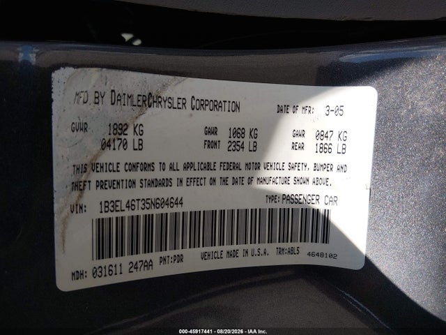 45917441 :رقم المزاد ، 1B3EL46T35N604644 vin ، 2005 Dodge Stratus Sxt مزاد بيع