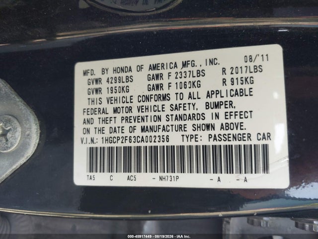 45917449 :رقم المزاد ، 1HGCP2F63CA002356 vin ، 2012 Honda Accord 2.4 Se مزاد بيع
