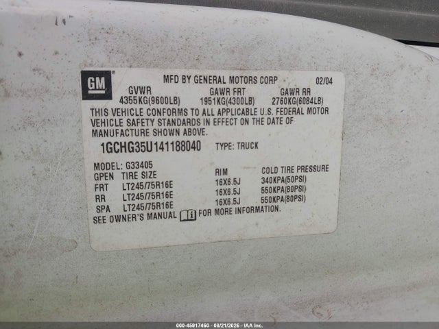 45917460 :رقم المزاد ، 1GCHG35U141188040 vin ، 2004 Chevrolet Express مزاد بيع