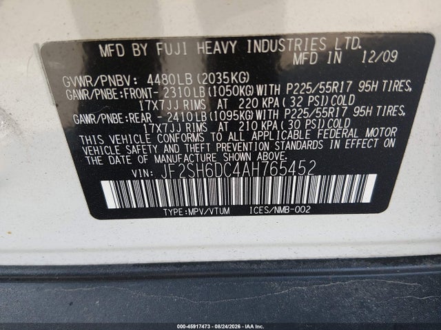 45917473 :رقم المزاد ، JF2SH6DC4AH765452 vin ، 2010 Subaru Forester 2.5x Limited مزاد بيع