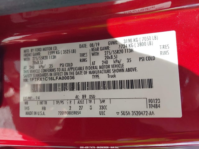 1FTFX1C16LFA00036 Ford F-150 Lariat