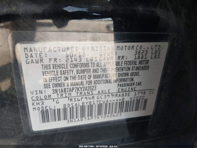 Продаж на аукціоні авто 2019 Nissan Sentra S, vin: 3N1AB7AP7KY242623, номер лоту: 45917480