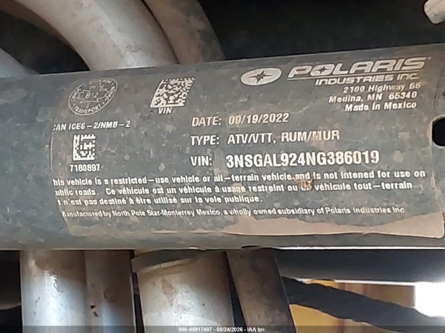 45917487 :رقم المزاد ، 3NSGAL924NG386019 vin ، 2022 Polaris Rzr Turbo R Ultimate مزاد بيع