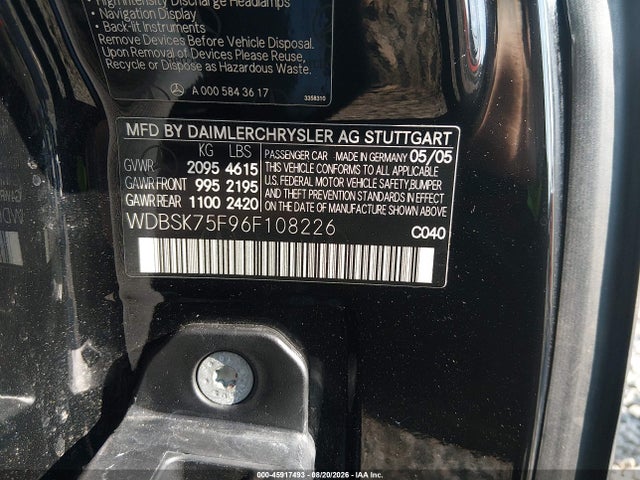 45917493 :رقم المزاد ، WDBSK75F96F108226 vin ، 2006 Mercedes-benz Sl 500 مزاد بيع
