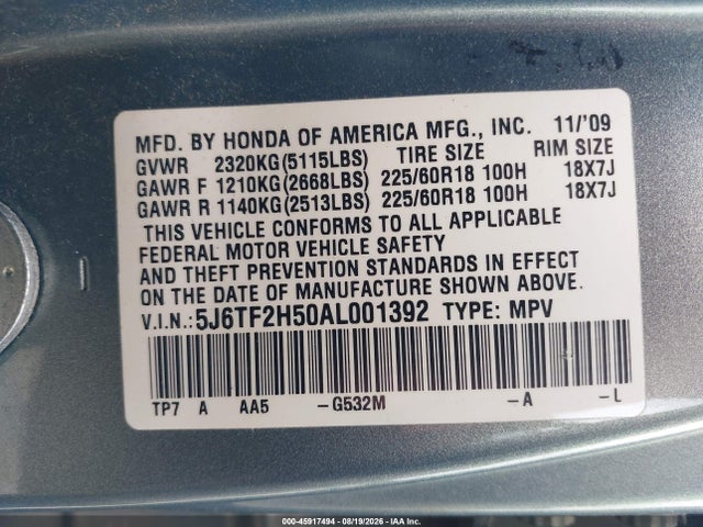 Продажа на аукционе авто 2010 Honda Accord Crosstour Ex-l, vin: 5J6TF2H50AL001392, номер лота: 45917494