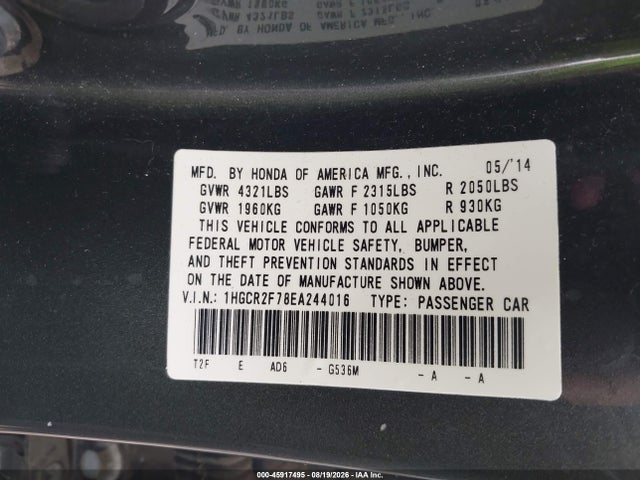 Aukcja sprzedaży 2014 Honda Accord Ex, vin: 1HGCR2F78EA244016, numer aukcji: 45917495