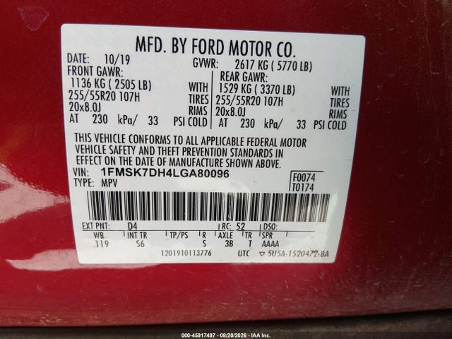 45917497 :رقم المزاد ، 1FMSK7DH4LGA80096 vin ، 2020 Ford Explorer Xlt مزاد بيع