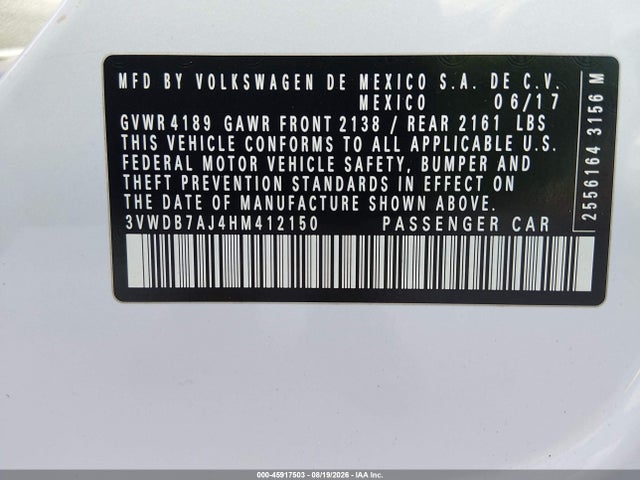 45917503 :رقم المزاد ، 3VWDB7AJ4HM412150 vin ، 2017 Volkswagen Jetta 1.4t Se مزاد بيع