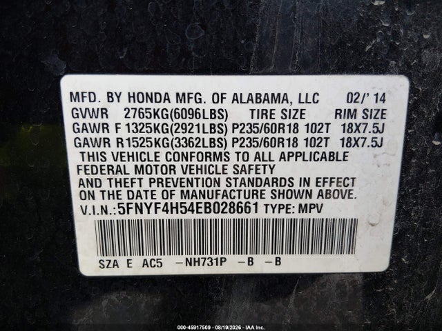 2014 Honda Pilot Ex-l მანქანა იყიდება აუქციონზე, vin: 5FNYF4H54EB028661, აუქციონის ნომერი: 45917509