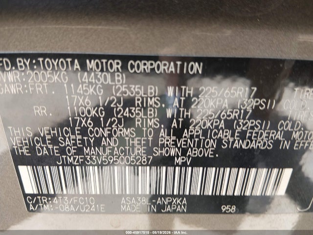 45917515 :رقم المزاد ، JTMZF33V595005287 vin ، 2009 Toyota Rav4 مزاد بيع