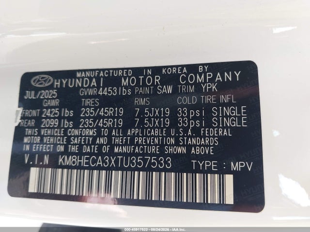 Aukcja sprzedaży 2026 Hyundai Kona Limited, vin: KM8HECA3XTU357533, numer aukcji: 45917522