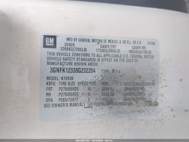 2008 Chevrolet Avalanche 1500 Ltz მანქანა იყიდება აუქციონზე, vin: 3GNFK12338G232284, აუქციონის ნომერი: 45917527