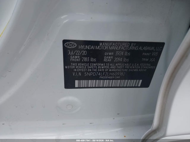 Продажа на аукционе авто 2020 Hyundai Elantra Se, vin: 5NPD74LF2LH609182, номер лота: 45917541