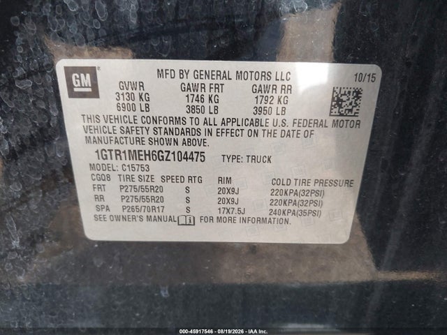 Aukcja sprzedaży 2016 Gmc Sierra 1500 Sle, vin: 1GTR1MEH6GZ104475, numer aukcji: 45917546